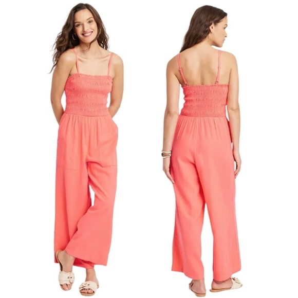 Universal Thread Pants - Universal Thread Pink Jumpsuit with Smocked Bodice and Wide-Leg Design